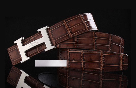 Hermes 2014 Crocodile Stripe Leather Reversible Belt Dark Coffee